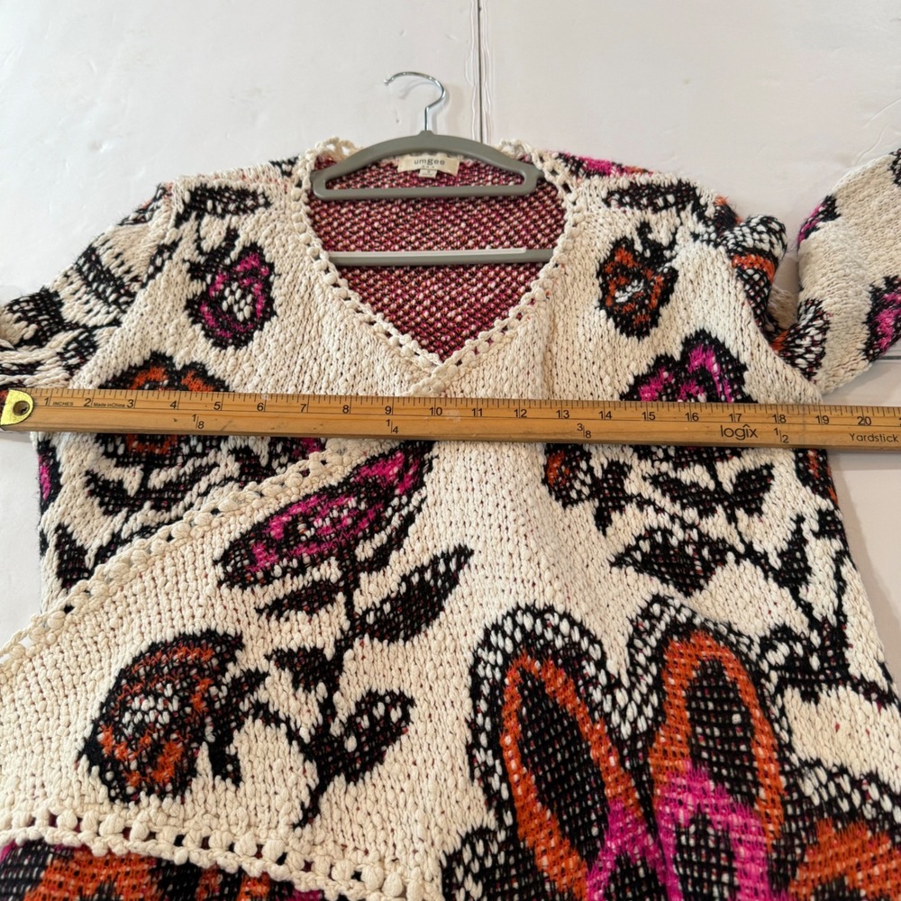 Umgee Womens Floral Paisley Knit Cardigan Sweater Pink Orange Pom Pom boho small - Picture 6 of 11